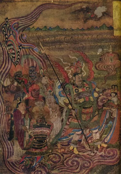 Framed Print : Vaishravana travelling across the waves, from the Caves of the Thousand Buddhas, c900 Framed Print : Vaishravana travelling across the waves, from the Caves of the Thousand Buddhas, c900