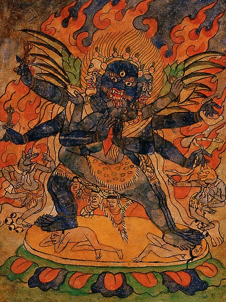 Vajrakumara (?) and Consort, Nyingmapa Buddhist or Bon Ritual Card, 18th-19th century. Creator: Unknown