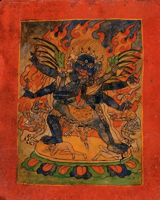 Framed Print : Vajrakumara (?) and Consort, Nyingmapa Buddhist or Bon Ritual Card, 18th-19th century. Creator: Unknown Framed Print : Vajrakumara (?) and Consort, Nyingmapa Buddhist or Bon Ritual Card, 18th-19th century. Creator: Unknown