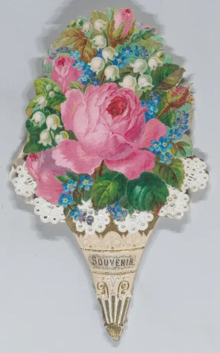 Framed Print : Valentine - Mechanical - elaborate nosegay, fan souvenir, ca. 1875. ca. 1875. Creator: Anon Framed Print : Valentine - Mechanical - elaborate nosegay, fan souvenir, ca. 1875. ca. 1875. Creator: Anon