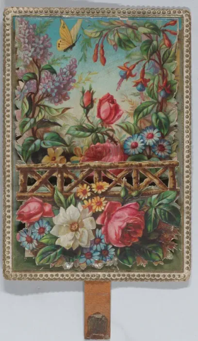 Framed Print : Valentine - Mechanical floral scene - a man on a horse offers a woman a rose - symbol... ca. 1875. Creator: Anon Framed Print : Valentine - Mechanical floral scene - a man on a horse offers a woman a rose - symbol... ca. 1875. Creator: Anon