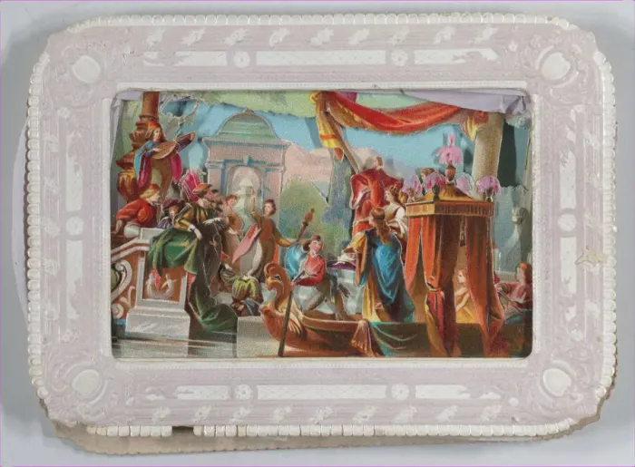 Framed Print : Valentine - Mechanical - scene of barge, troubadours, Temple of Hymen, ca. 1875. ca. 1875. Creator: Anon Framed Print : Valentine - Mechanical - scene of barge, troubadours, Temple of Hymen, ca. 1875. ca. 1875. Creator: Anon