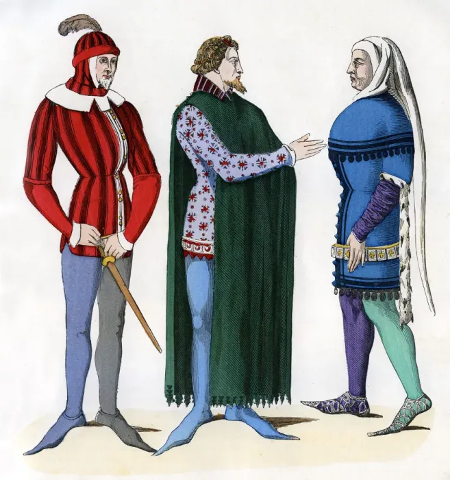 Framed Print : Valet and lords in 14th century costume, 1882-1884 Framed Print : Valet and lords in 14th century costume, 1882-1884