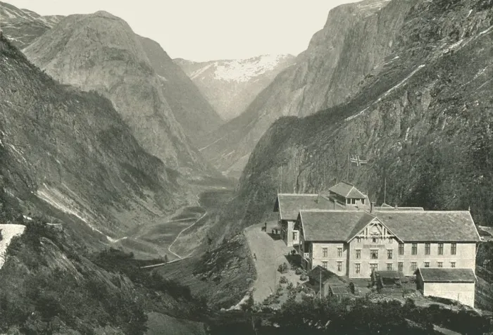 Framed Print : The Valley and Hotel, Stalheim, Norway, 1895. Creator: Poulton & Co Framed Print : The Valley and Hotel, Stalheim, Norway, 1895. Creator: Poulton & Co