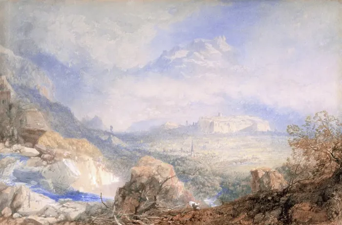 Framed Print : Valley of the Rhone with the City and Citadel of Sion, in Switzerland, 1853. Creator: James Baker Pyne Framed Print : Valley of the Rhone with the City and Citadel of Sion, in Switzerland, 1853. Creator: James Baker Pyne