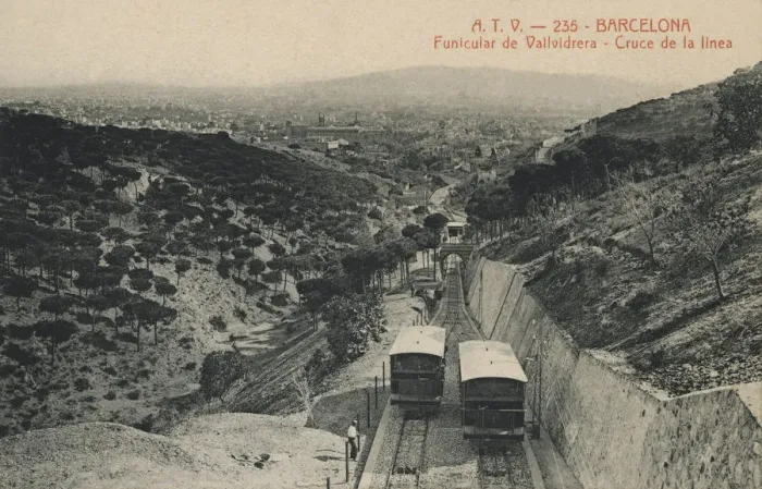 Framed Print : Vallvidrera Funicular, crossing the line, photography of 1915, edited by ATV postcard
