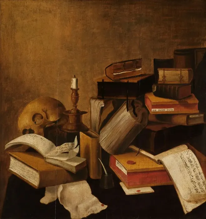 Framed Print : Vanitas Still Life with Books, 1633. Creator: Anon Framed Print : Vanitas Still Life with Books, 1633. Creator: Anon