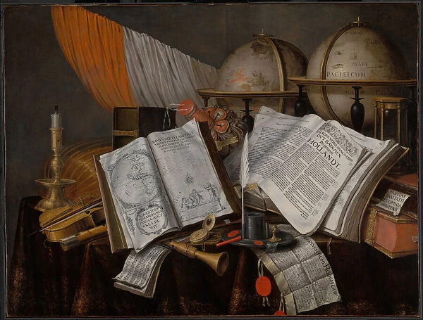 A Vanitas Still Life with a Flag, Candlestick, Musical Instruments, Books