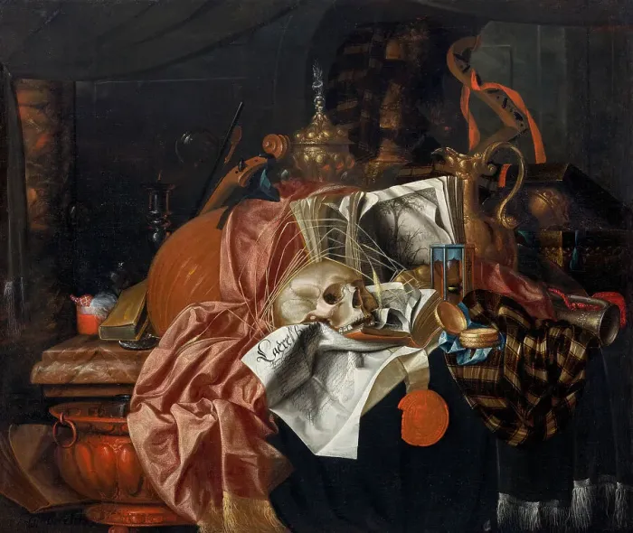 Framed Print : Vanitas still life with musical instruments, ceremonial vessels, books, an extinguished candle... Creator: Gijsbrechts, Franciscus (1649-after 1677) Framed Print : Vanitas still life with musical instruments, ceremonial vessels, books, an extinguished candle... Creator: Gijsbrechts, Franciscus (1649-after 1677)