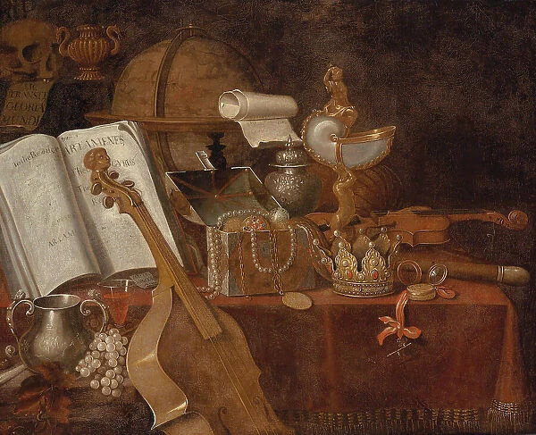 A vanitas still life with an open book, a globe, a nautilus goblet, a violin and precious objects, Creator: Collier, Edwaert (1642-1708)