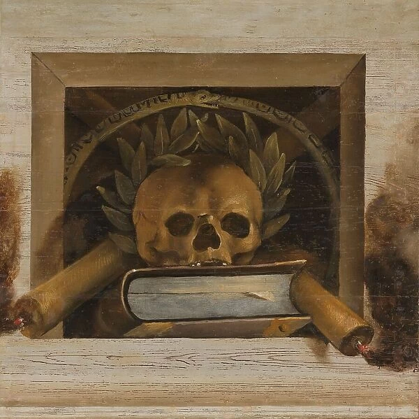 Vanitas Still Life with Scull with Laurel Wreath, Book and two Burning Candles, 1645-1650. Creator: Jacob van Campen