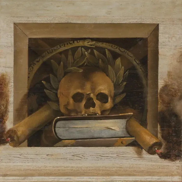 Framed Print : Vanitas Still Life with Scull with Laurel Wreath, Book and two Burning Candles, 1645-1650. Creator: Jacob van Campen Framed Print : Vanitas Still Life with Scull with Laurel Wreath, Book and two Burning Candles, 1645-1650. Creator: Jacob van Campen