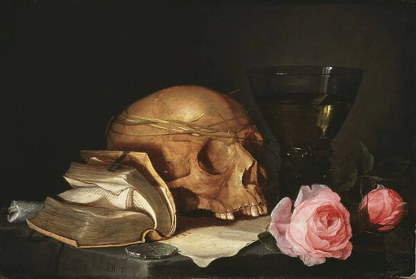 Vanitas Still Life with a Skull, a Book and Roses, c. 1630