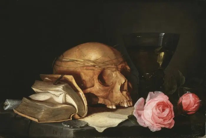 Framed Print : Vanitas Still Life with a Skull, a Book and Roses, c. 1630 Framed Print : Vanitas Still Life with a Skull, a Book and Roses, c. 1630