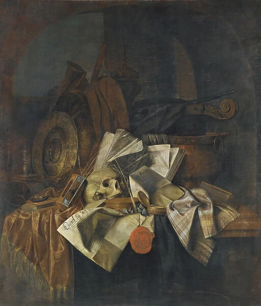 Vanitas still life with a skull, a shield, an hour glass, books and papers on a tabletop