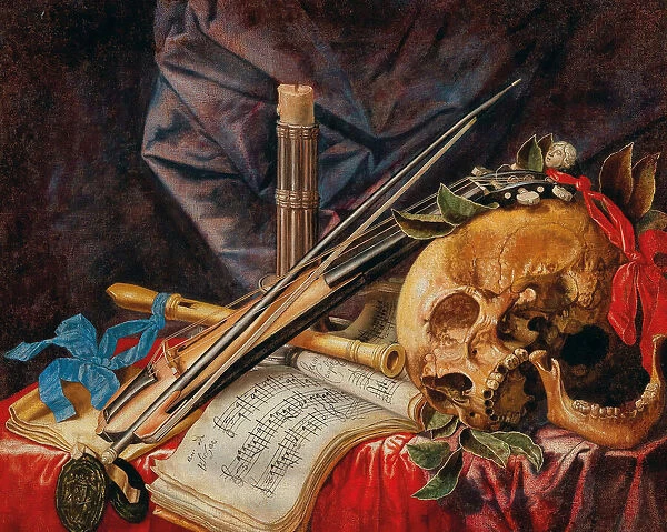 Vanitas still life with viola, clarinet, skull, scores and candle