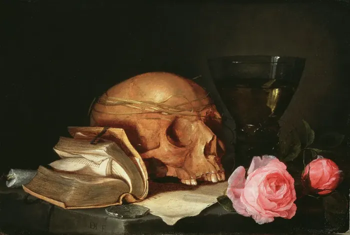 Framed Print : A Vanitas Still-Life with a Skull, a Book and Roses, c.1630. Creator: Jan Davidsz de Heem Framed Print : A Vanitas Still-Life with a Skull, a Book and Roses, c.1630. Creator: Jan Davidsz de Heem