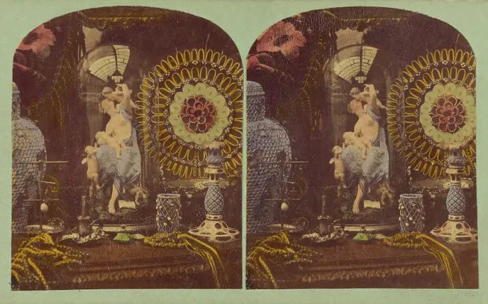Framed Print : Top of a vanity filled with objects, about 1857. Creators: London Stereoscopic & Photographic Co, Joseph John Elliott Framed Print : Top of a vanity filled with objects, about 1857. Creators: London Stereoscopic & Photographic Co, Joseph John Elliott