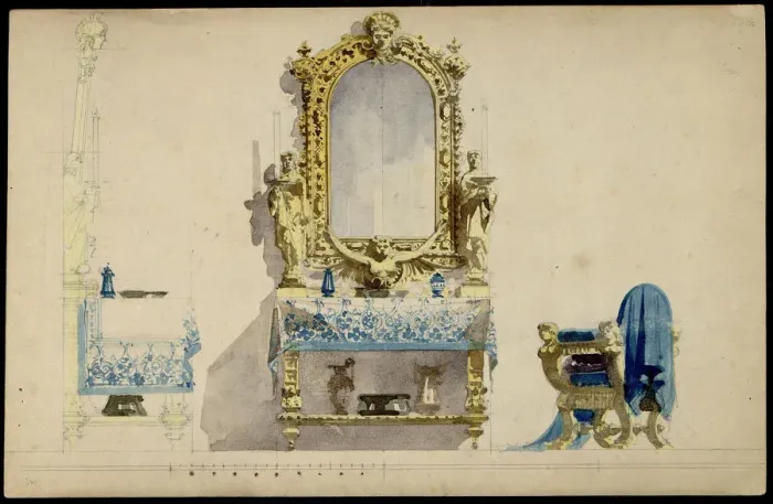 Framed Print : Vanity table, Desdemonas room. Set design for opera Otello by Giuseppe Verdi, world premiere, La Sc Framed Print : Vanity table, Desdemonas room. Set design for opera Otello by Giuseppe Verdi, world premiere, La Sc