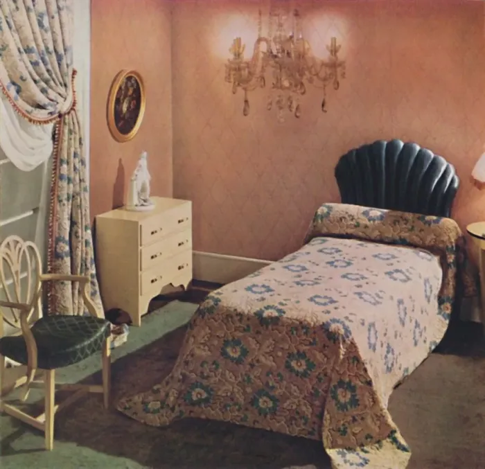 Framed Print : A Vantona Court bedcover gives a luxurious note to this bedroom, 1942 Framed Print : A Vantona Court bedcover gives a luxurious note to this bedroom, 1942