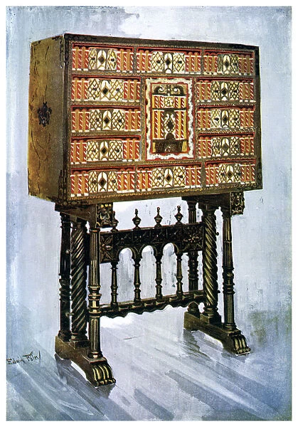 Vargueno cabinet of chestnut, ivory and other materials, 1910. Artist: Edwin Foley