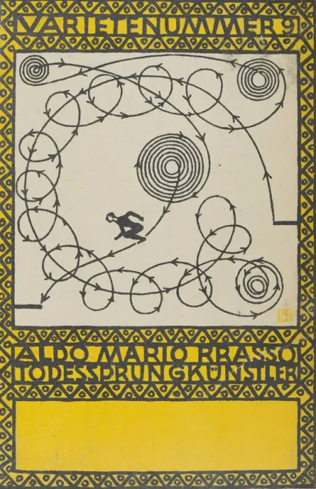 Framed Print : Variety Act 9: Aldo Mario Brasso, Leap of Death Artist (Varietenummer 9: Aldo Mario Bras... 1907. Creator: Moritz Jung) Framed Print : Variety Act 9: Aldo Mario Brasso, Leap of Death Artist (Varietenummer 9: Aldo Mario Bras... 1907. Creator: Moritz Jung)