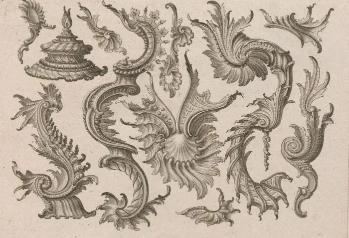 Framed Print : Various Designs for Rocaille Ornaments, Plate 4 from: Fortsezung von unter Framed Print : Various Designs for Rocaille Ornaments, Plate 4 from: Fortsezung von unter