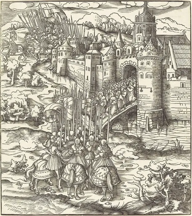 Framed Print : Various Men Kneeling on a Bridge in front of a Town, 1514 / 1516. Creator: Leonhard Beck Framed Print : Various Men Kneeling on a Bridge in front of a Town, 1514 / 1516. Creator: Leonhard Beck