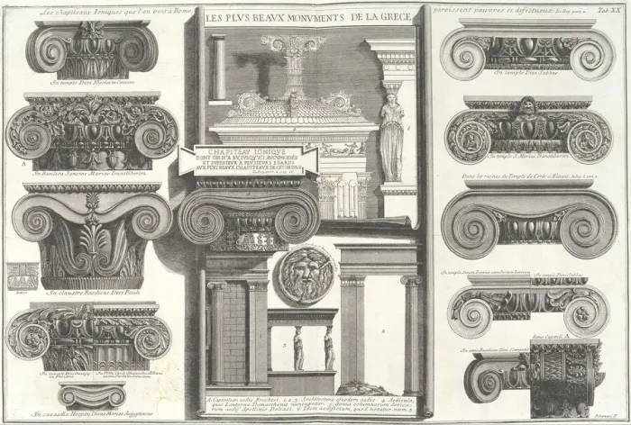 Framed Print : Various Roman Ionic capitals compared with Greek examples... mid-18th century Framed Print : Various Roman Ionic capitals compared with Greek examples... mid-18th century