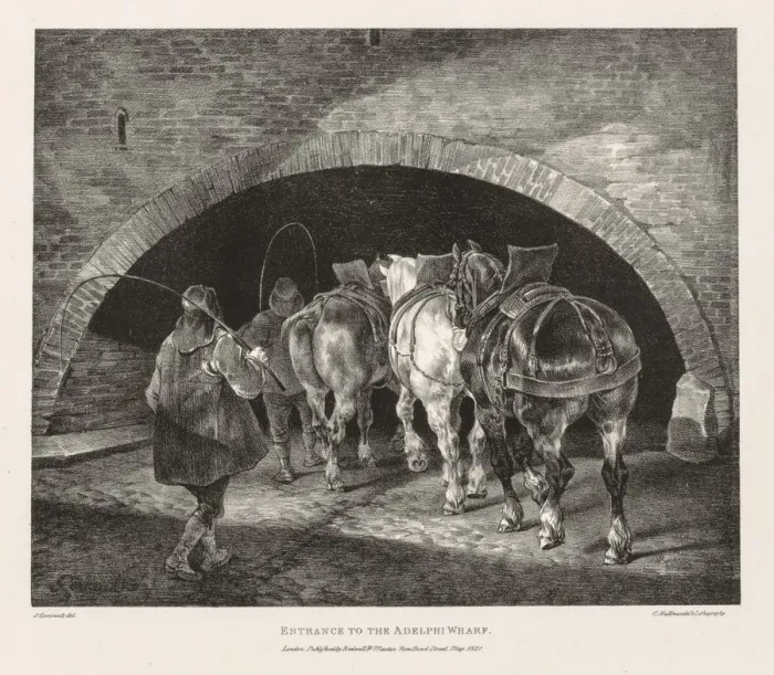 Framed Print : Various Subjects Drawn from Life and on Stone: Entrance to Adelphi Wharf, 1821. Creator Framed Print : Various Subjects Drawn from Life and on Stone: Entrance to Adelphi Wharf, 1821. Creator