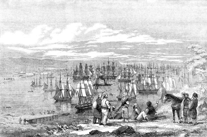 Framed Print : Varna Bay - the Allied Expedition Fleet getting under way for the Crimea, 1854. Creator: Unknown Framed Print : Varna Bay - the Allied Expedition Fleet getting under way for the Crimea, 1854. Creator: Unknown