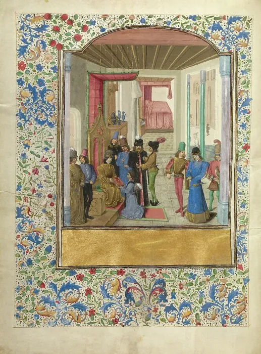 Framed Print : Vasco da Lucena Giving his Work to Charles the Bold, about 1470-1475. Creator: Master of the Jardin de vertueuse consolation Framed Print : Vasco da Lucena Giving his Work to Charles the Bold, about 1470-1475. Creator: Master of the Jardin de vertueuse consolation