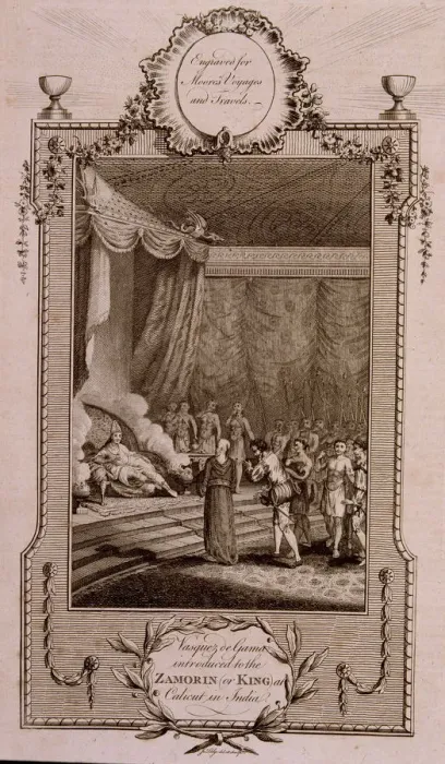 Framed Print : Vasco de Gama appearing before the Zamorin (or king) of Calicut, engraving in Framed Print : Vasco de Gama appearing before the Zamorin (or king) of Calicut, engraving in