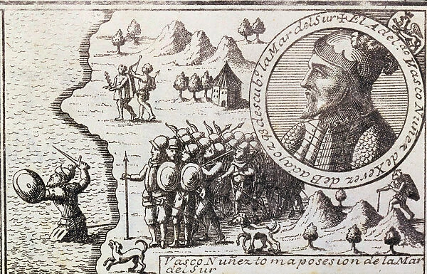 Vasco Nunez takes possession of the South Sea, engraving from 1726, Vasco Nunez de Balboa
