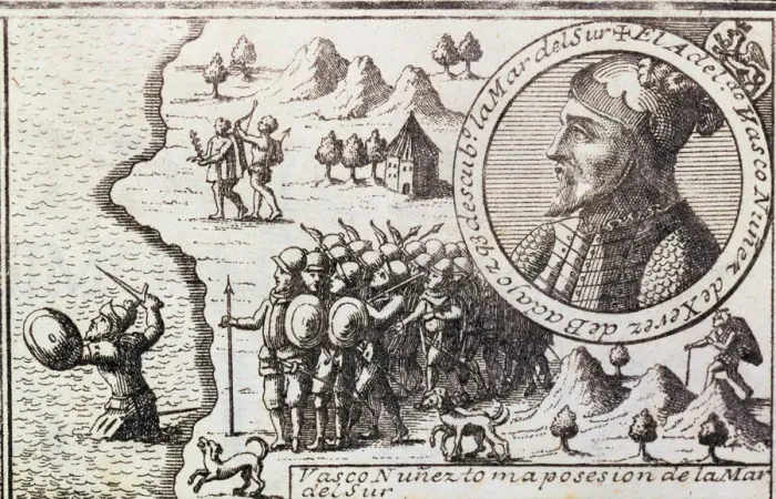 Framed Print : Vasco Nunez takes possession of the South Sea, engraving from 1726, Vasco Nunez de Balboa Framed Print : Vasco Nunez takes possession of the South Sea, engraving from 1726, Vasco Nunez de Balboa