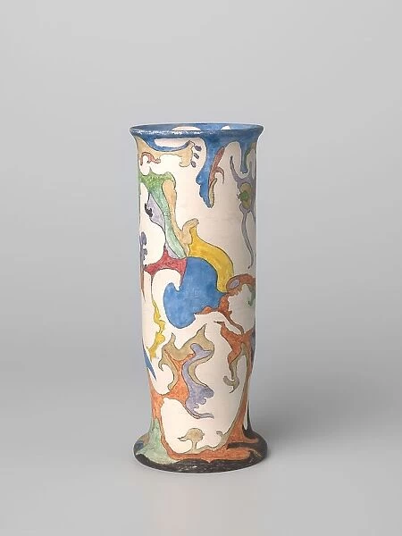 Vase, cylindrical, polychrome painted with watercolour, c.1920-c.1922. Creator: Plateelbakkerij Zuid-Holland