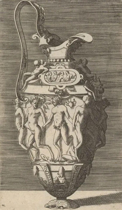 Framed Print : Vase with Dancing Women and Satyrs, 17th century (late). Creator: Rene Boyvin Framed Print : Vase with Dancing Women and Satyrs, 17th century (late). Creator: Rene Boyvin