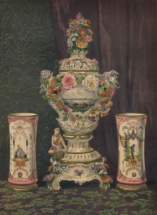 Framed Print : Vase of Dresden Porcelain and Pair of Porcelain Beakers, 1863. Artist: Robert Dudley Framed Print : Vase of Dresden Porcelain and Pair of Porcelain Beakers, 1863. Artist: Robert Dudley