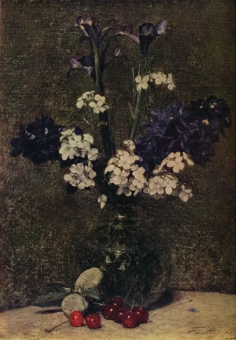 Framed Print : Vase of flowers, with Cherries and Almonds on the table, Nature morte; Irises, Delphinium hybrids a Artist: Henri Fantin-Latour Framed Print : Vase of flowers, with Cherries and Almonds on the table, Nature morte; Irises, Delphinium hybrids a Artist: Henri Fantin-Latour