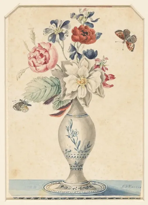 Framed Print : Vase with flowers and a grey-yellow butterfly, 1800-1900. Creator: LW Garrison Framed Print : Vase with flowers and a grey-yellow butterfly, 1800-1900. Creator: LW Garrison