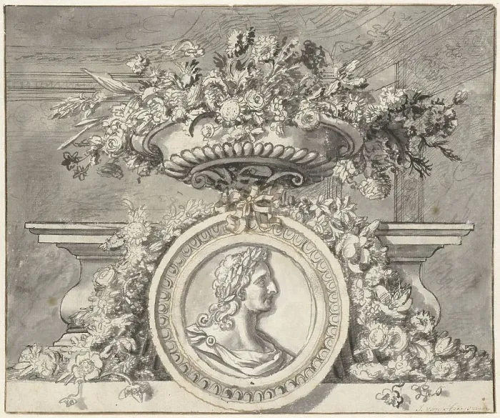 Framed Print : Vase with flowers, and a medallion, c.1692-c.1749. Creator: Jan van Huysum Framed Print : Vase with flowers, and a medallion, c.1692-c.1749. Creator: Jan van Huysum