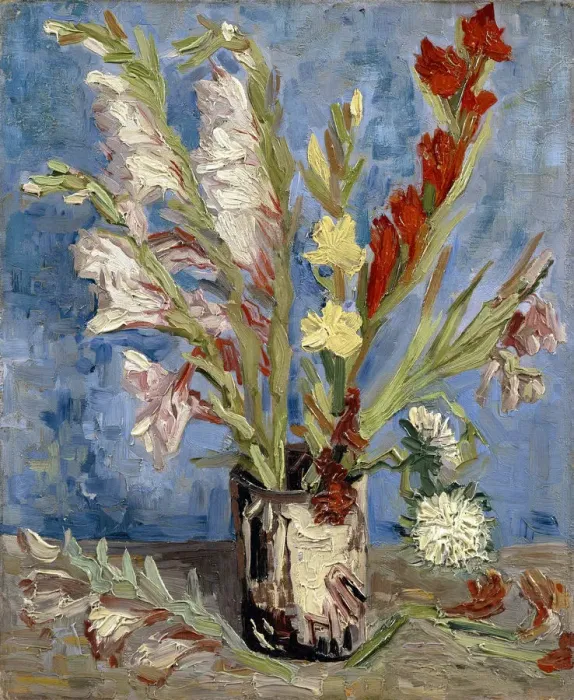 Framed Print : Vase with gladioli and China asters, 1886. Artist: Gogh, Vincent, van (1853-1890) Framed Print : Vase with gladioli and China asters, 1886. Artist: Gogh, Vincent, van (1853-1890)