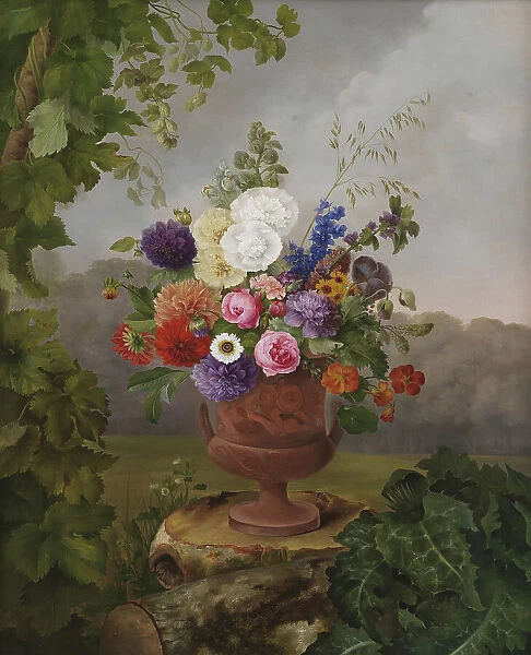 Vase in the Greek Style with Flowers, Standing on a Tree Stump, 1832. Creator: Hermania Neergaard