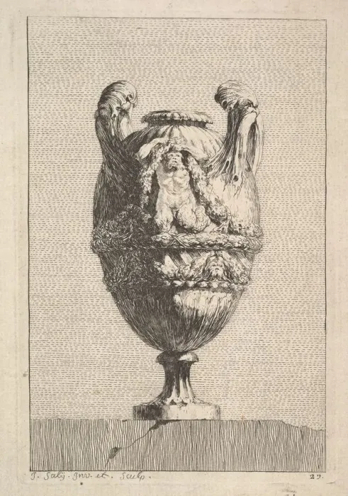 Framed Print : Vase with a Male Siren holding up a Garland, from: Vases, 1746 Framed Print : Vase with a Male Siren holding up a Garland, from: Vases, 1746