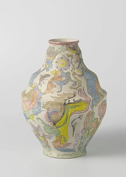 Vase with vaulted belly, polychrome painted with watercolour, c.1920-c.1922. Creator: Plateelbakkerij Zuid-Holland