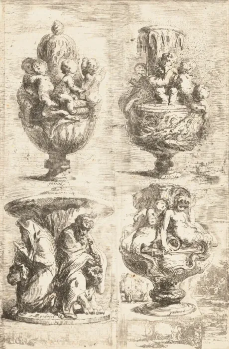 Framed Print : The Four Vases, 1754. Creator: Gabriel de Saint-Aubin Framed Print : The Four Vases, 1754. Creator: Gabriel de Saint-Aubin
