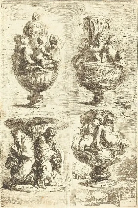 Framed Print : Four Vases (Les quatres vases), 1754. Creator: Gabriel de Saint-Aubin Framed Print : Four Vases (Les quatres vases), 1754. Creator: Gabriel de Saint-Aubin