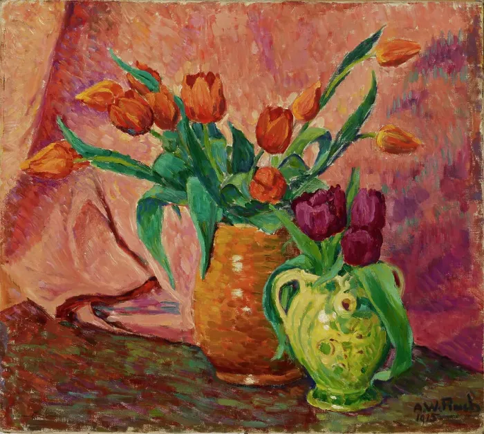 Framed Print : Two Vases with Tulips, 1915. Creator: Alfred William Finch Framed Print : Two Vases with Tulips, 1915. Creator: Alfred William Finch