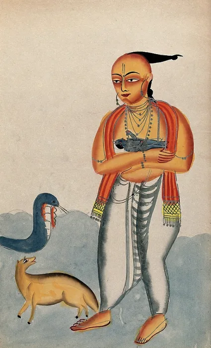 Framed Print : Vasudeva carrying a baby Krishna encountering a cobra and jackal. Creator: Unknown Framed Print : Vasudeva carrying a baby Krishna encountering a cobra and jackal. Creator: Unknown