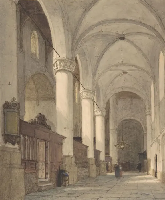Framed Print : Vaulted Side Aisle of a Church, with Figures, 19th century. Creator: Johannes Bosboom
